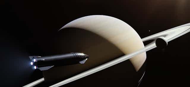 Artist rendering of SpaceX starship rocket flying past Saturn.