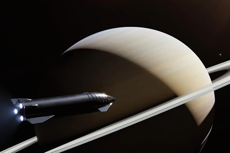 Artist rendering of SpaceX starship rocket flying past Saturn.