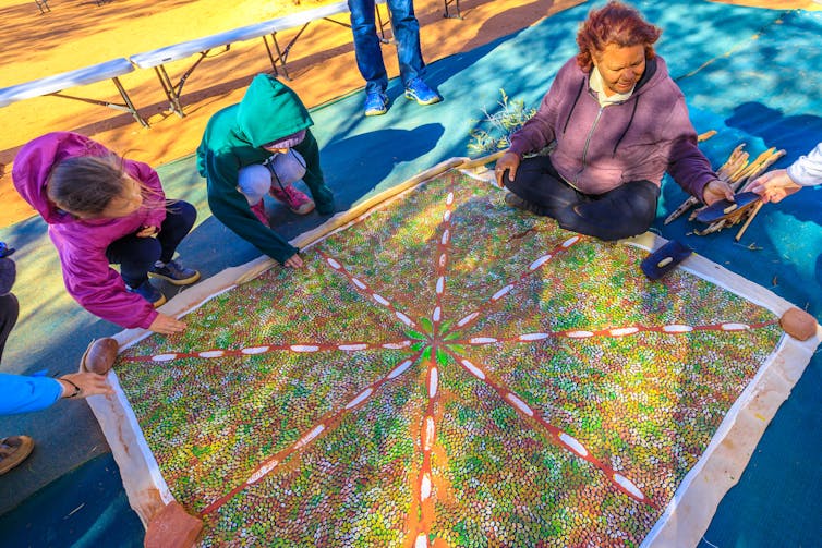 An Aboriginal person sits with a large dot painting on the ground with them, while children look at the painting.