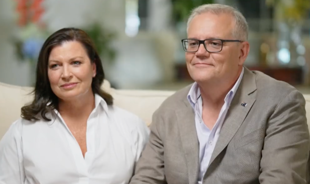 Prime Minister Scott Morrison and his wife, Jenny Morrison, sit on a couch in their living room for an interview with 60 Minutes' Karl Stefanovic.