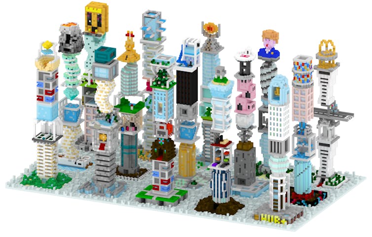 A series of colourful high-rise towers, in a video-game graphic style.