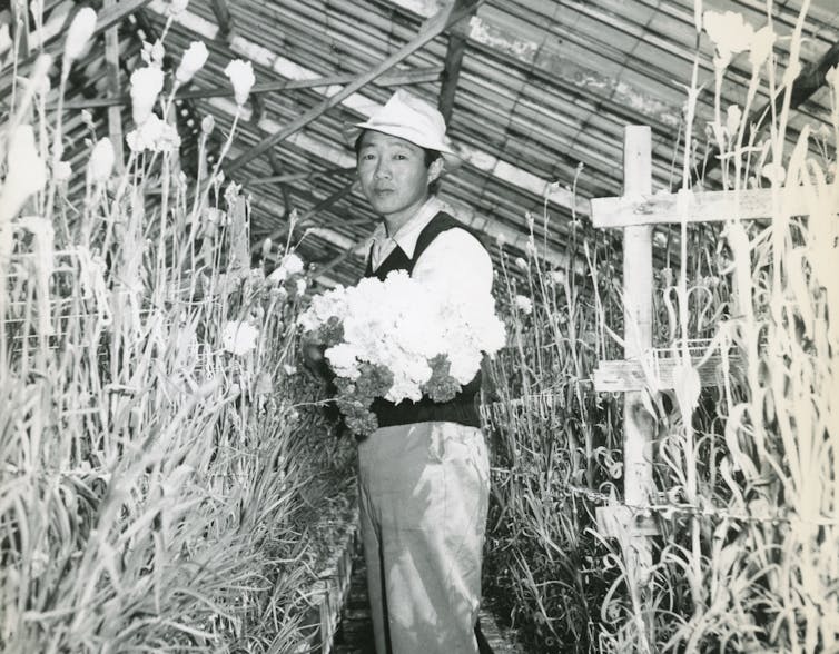 Mori works in his family’s nursery, holding flowers.