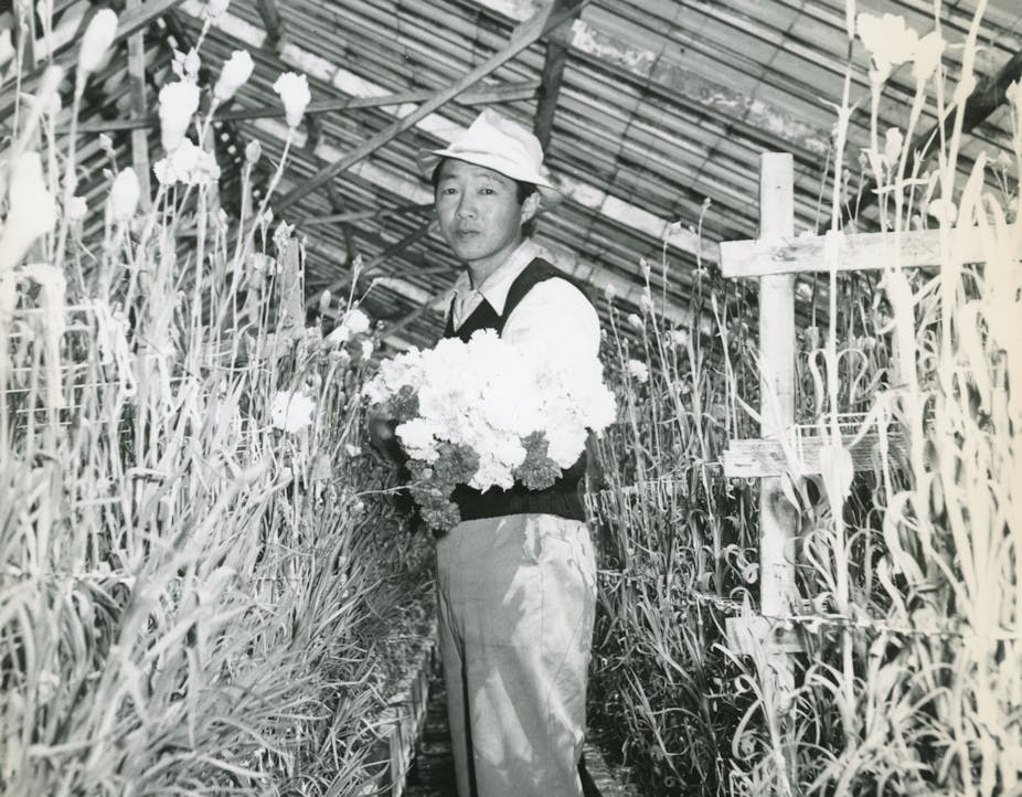 Man in hat holds bunch of flowers.