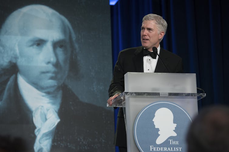 Supreme Court Associate Justice Neil Gorsuch speaks at a Federalist Society Convention in Washington, D.C., Nov. 16, 2017.