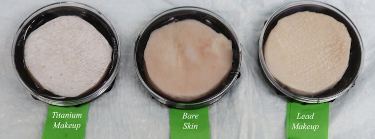 Three Petri dishes with naked pig skin, pig skin with titanium based make-up and pig skin with lead make-up.