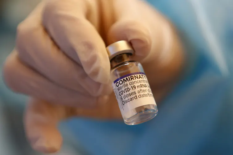 A vial of the Pfizer vaccine being use for booster doses