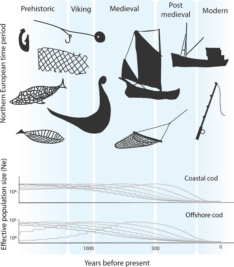 Chart showing abundance of cod over time, illustrated with typical fishing gear of every era.