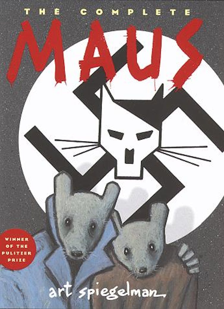 Book cover showcasing Nazi sign, a cat and two mice.