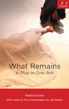 The cover of a book with the words 'What Remains, a play in one act' and a photograph of a human form lying on a white floor, covered by a white sheet and a person kneeling and examining their feet that's stick out from beneath the sheet.
