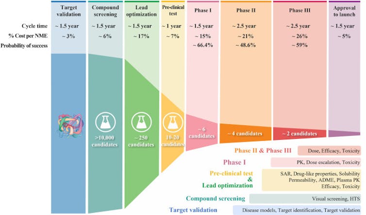 Diagram depicting failure rate at each step of the drug development process, with more than 10,000 candidates at the compound screening stage, fewer than 250 at the next stage and steadily decreasing through the phases.