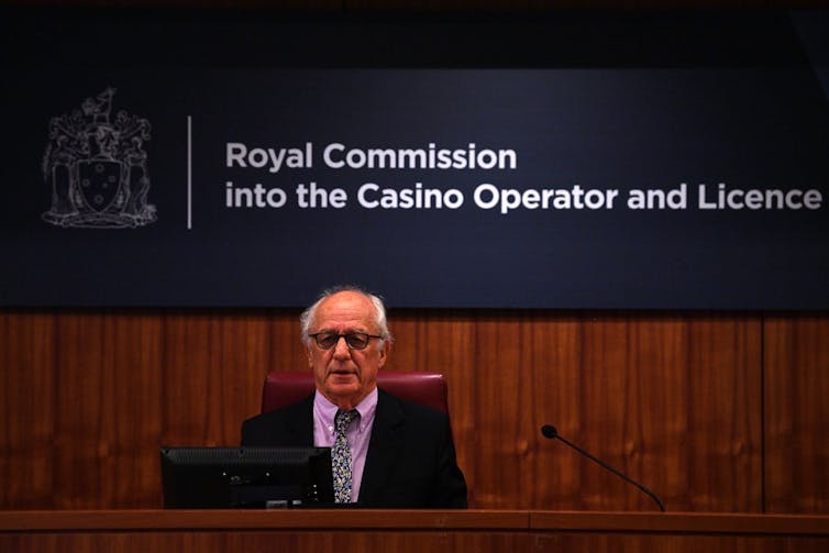 Royal commissioner Raymond Finkelstein during the inquiry into Crown Resorts’ Melbourne casino on March 24 2021.
