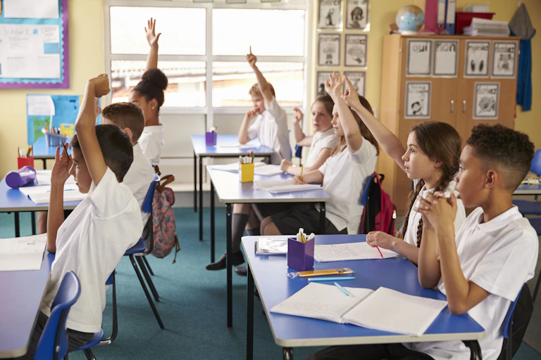 Children raise hands in lesson