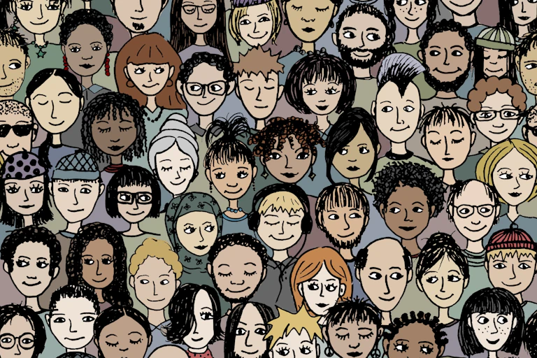 A cartoon illustration of a crowd of happy people smiling.