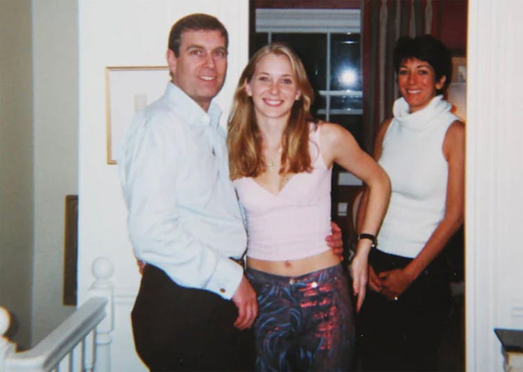 A young Prince Andrew with his arm around Virginia Giuffre's waist, and Ghislaine Maxwell in the background.