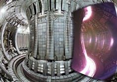 Internal view of the JET tokamak superimposed with an image of a plasma.