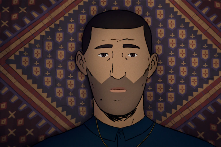 Animated man sits against a wall hanging.