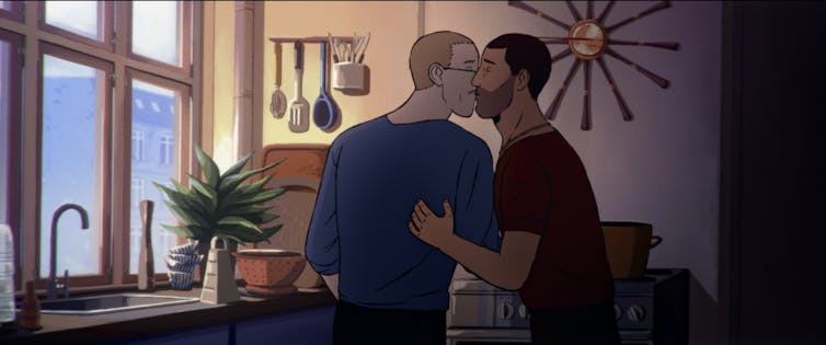 Animated still of two men in kitchen kissing.