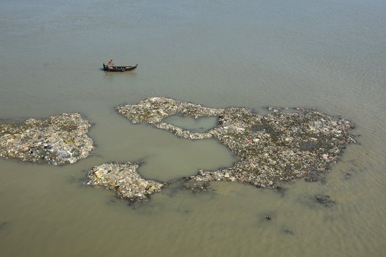 Islands of plastic in the Karnaphuli river in Bangladesh.
