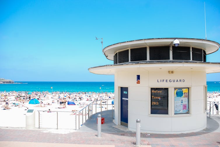 lifeguard tower and busy beach