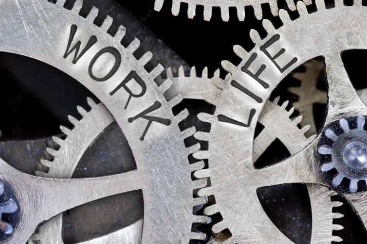 A pair of connecting cogs, one labelled 'work' and the other 'life'.