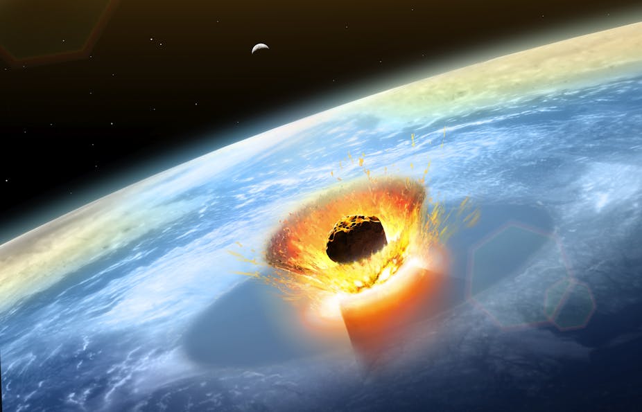 An artist's representation of an asteroid striking Earth.