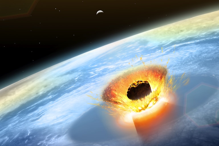 An artist's representation of an asteroid striking Earth.