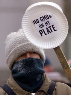A protester wearing a winter hat with their face covered with a scarf, hold a paper plate that says 'No GMOs on my plate'