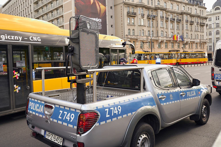 Police flatbed truck with LRAD device on the back