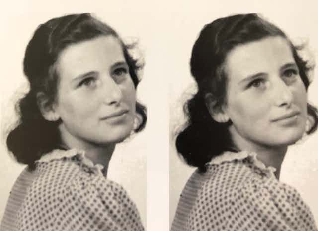Two identical black and white shots of a young Jewish girl in the 1940s