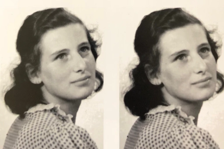 Two identical black and white shots of a young Jewish girl in the 1940s