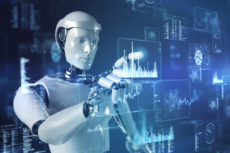 A humanoid robot presses its right index finger against a virtual display in front of it