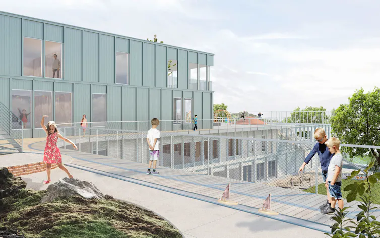 croquis d'une cour d'école avec enfants et bâtiment moderne