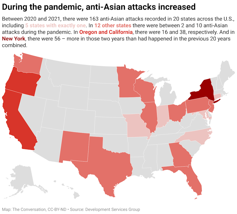 A map of the United States color-coded to show where anti-Asian attacks occurred during the COVID-19 pandemic between 2020 and 2021.