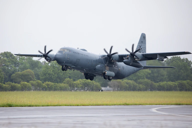 Royal Australian Air Force C-130J Hercules aircraft departs RAAF Base Richmond, New South Wales