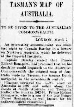 Newspaper reads: Tasman's map of Australia to be given to the Australian Commonwealth.