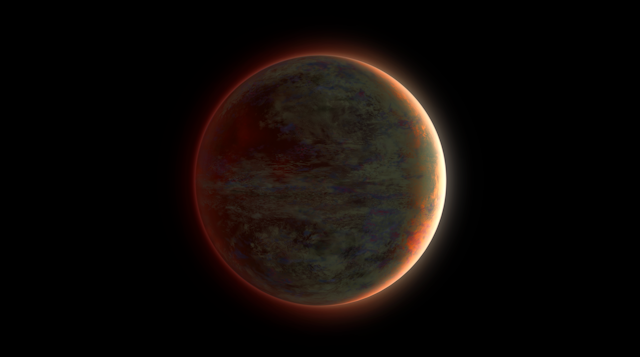 An artist's impression of an exoplanet, showing it lit from an offscreen light source behind and to the right of the planet. The planet is represened as a dark oprange sphere with swirly cloud patterns/