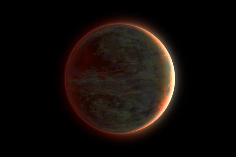 An artist's impression of an exoplanet, showing it lit from an offscreen light source behind and to the right of the planet. The planet is represened as a dark oprange sphere with swirly cloud patterns/