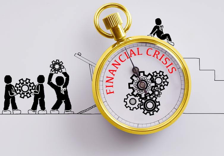 Lots of cartoon men and a compass with financial crisis on it