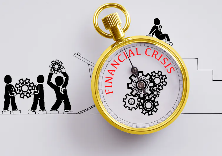 Lots of cartoon men and a compass with financial crisis on it