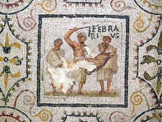 Mosaic showing four men and text FEBRARIVS