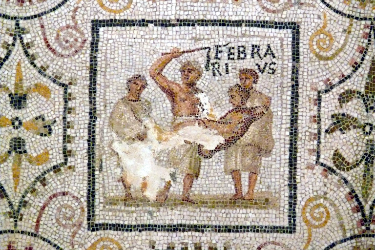 Mosaic showing four men and text FEBRARIVS