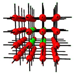 Grille en 3D de 4*4*4 formant un cube, dont les nœuds externes sont représentés par des boules rouges, et les nœuds internes des boules vertes
