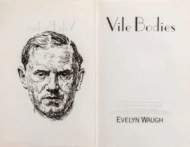 A copy of the book 'Vile Bodies' open to show the title page and a drawing of author Evelyn Waugh on the inside cover.