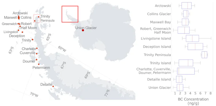 Map of Antarctica with sample sites