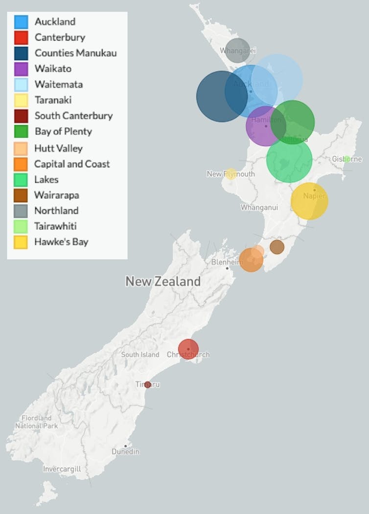 A map that shows the regional numbers of Delta infections, grouped by District Health Boards.