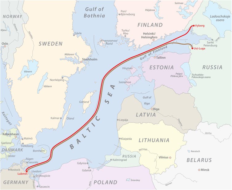 A map of Northern Europe showing the route of the Nord Stream gas pipeline beneath the Baltic Sea.