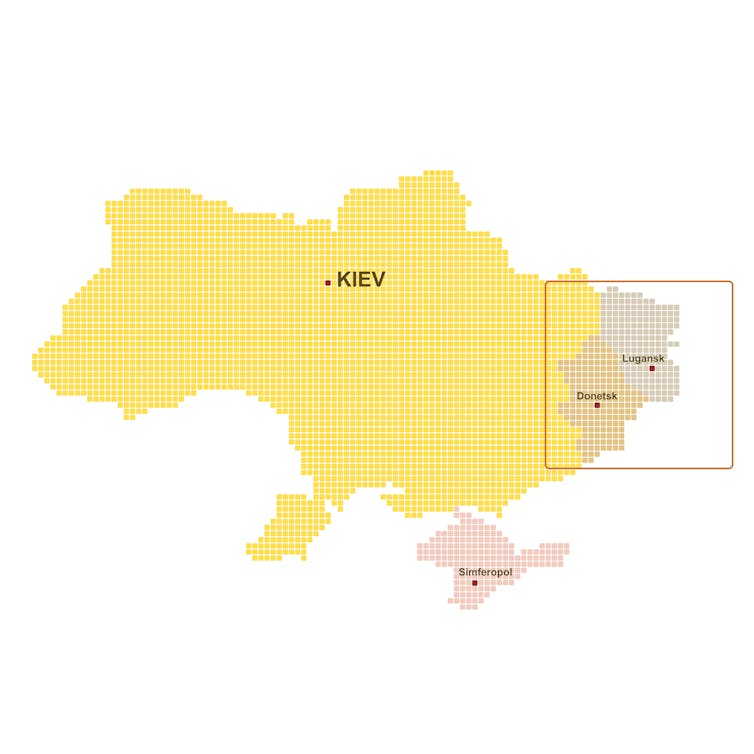Mapa de localización que muestra la posición de las dos repúblicas secesionistas de Donetsk y Luhansk en el este de Ucrania, así como de Crimea.