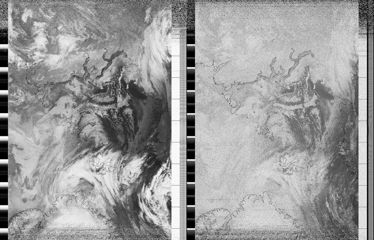 Two black-and-white satellite images side by side showing the outline of coasts in the Arctic.