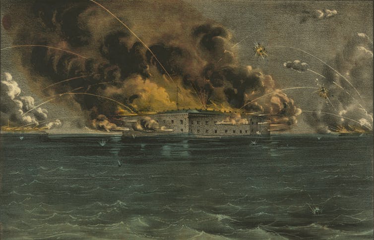 A painting of a fort being fired upon and burning