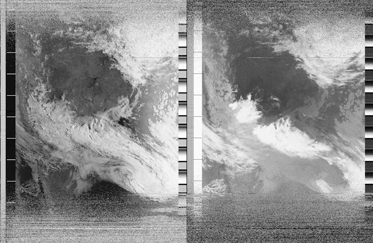 Two black-and-white satellite images side by side showing a watery landscape.